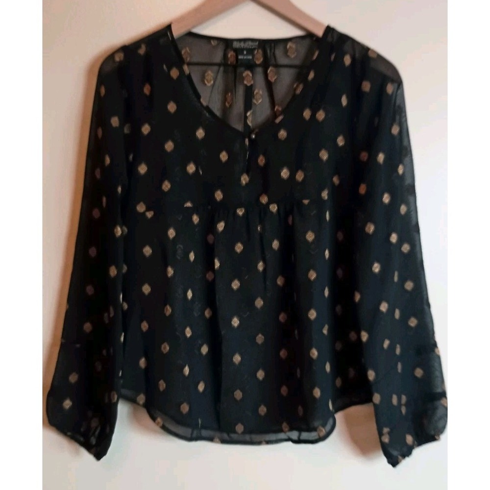 Lucky Brand Sheer Peasant Blouse Small Black Gold Metallic Boho Long Sleeve